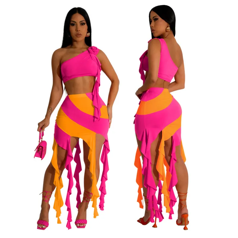 One Shoulder Crop Top and Tassel Skirt Set