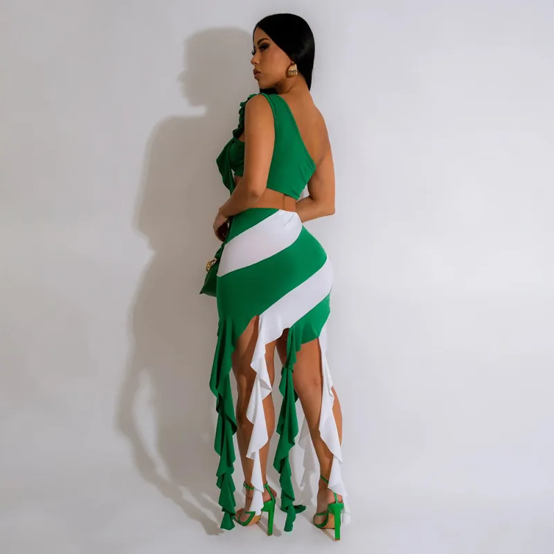One Shoulder Crop Top and Tassel Skirt Set