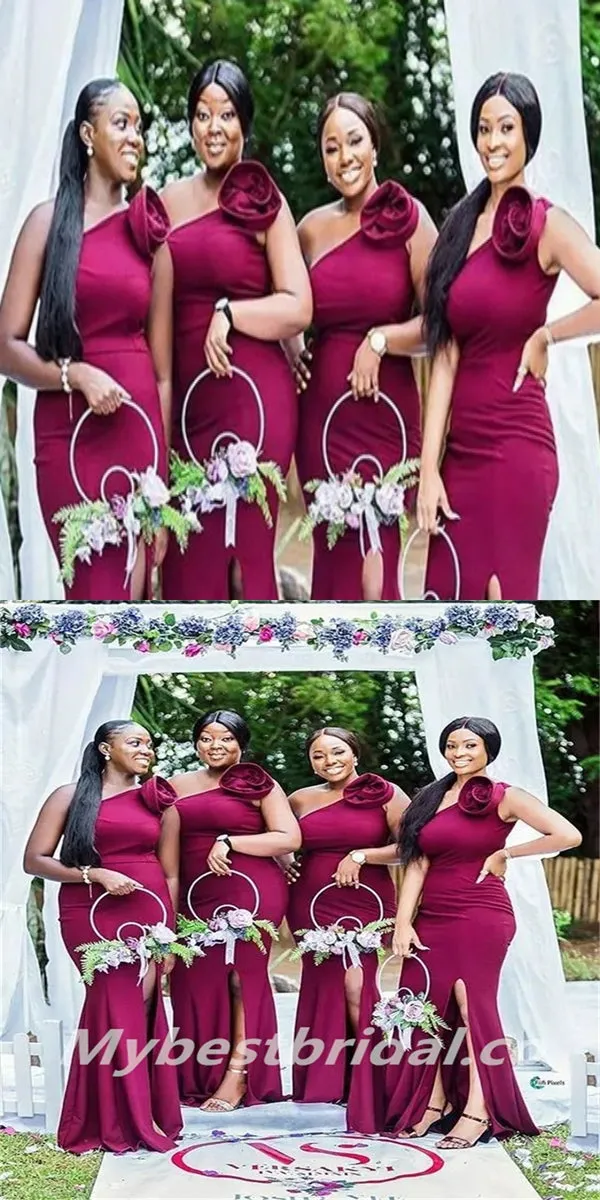 One-shoulder Mermaid Side slit Elegant Simple Long Bridesmaid Dresses,BDS0201