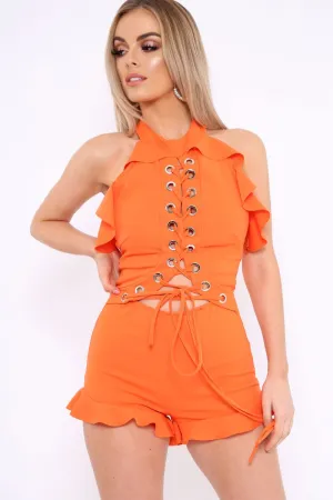Orange Frill Eyelet Tie Playsuit - Kimi