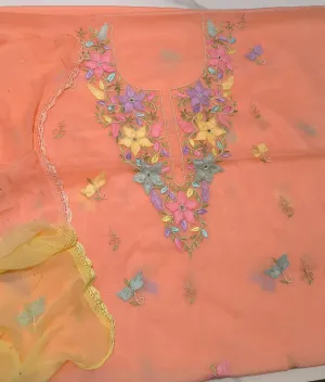 Orange Unstitched Organza Chikan work Suit Set
