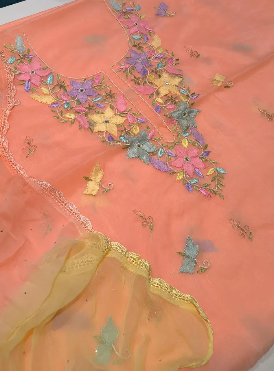 Orange Unstitched Organza Chikan work Suit Set