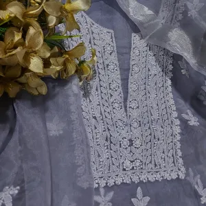 Organza Chikankari unstitched Salwar Kurti Grey