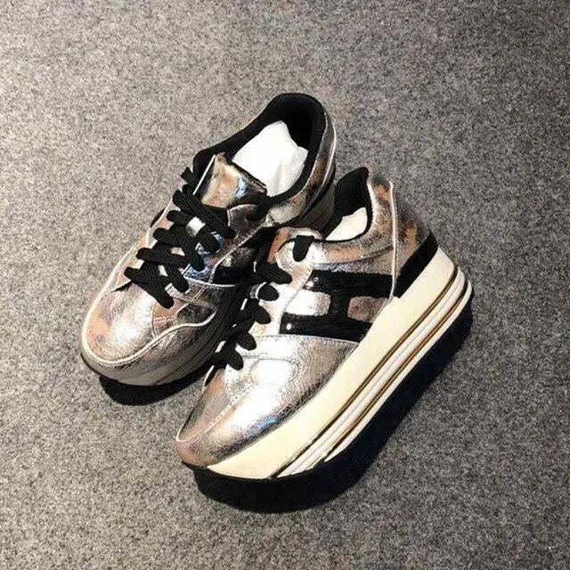 Paillette Sneakers Rainbow Height Increasing Shoes Woman Casual Laces up Platform Sneakers Girls Genuine Leather Ladies Shoes