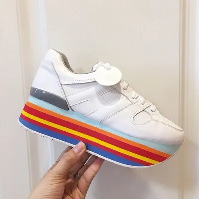 Paillette Sneakers Rainbow Height Increasing Shoes Woman Casual Laces up Platform Sneakers Girls Genuine Leather Ladies Shoes