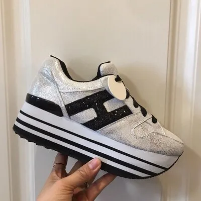 Paillette Sneakers Rainbow Height Increasing Shoes Woman Casual Laces up Platform Sneakers Girls Genuine Leather Ladies Shoes
