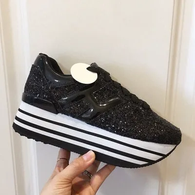 Paillette Sneakers Rainbow Height Increasing Shoes Woman Casual Laces up Platform Sneakers Girls Genuine Leather Ladies Shoes