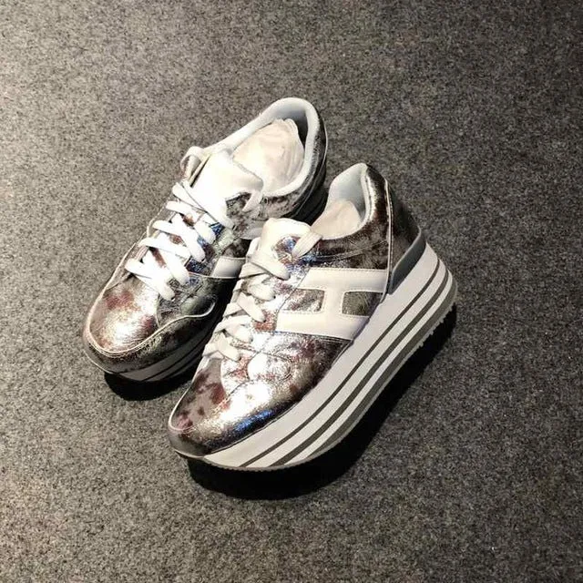 Paillette Sneakers Rainbow Height Increasing Shoes Woman Casual Laces up Platform Sneakers Girls Genuine Leather Ladies Shoes