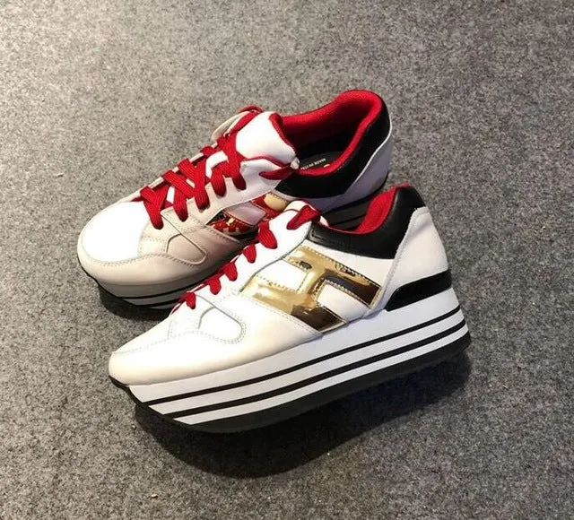 Paillette Sneakers Rainbow Height Increasing Shoes Woman Casual Laces up Platform Sneakers Girls Genuine Leather Ladies Shoes
