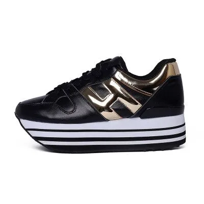 Paillette Sneakers Rainbow Height Increasing Shoes Woman Casual Laces up Platform Sneakers Girls Genuine Leather Ladies Shoes