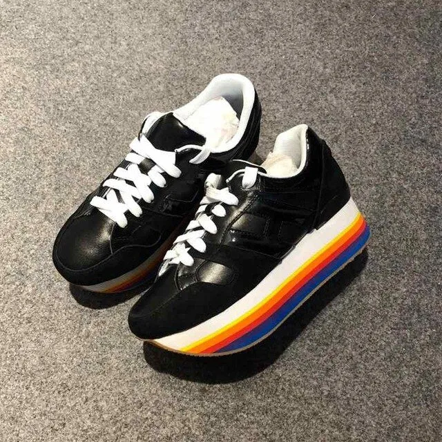 Paillette Sneakers Rainbow Height Increasing Shoes Woman Casual Laces up Platform Sneakers Girls Genuine Leather Ladies Shoes