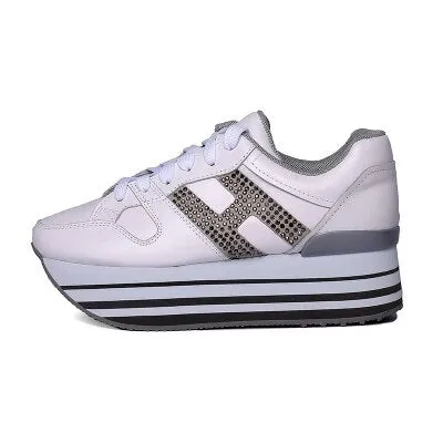 Paillette Sneakers Rainbow Height Increasing Shoes Woman Casual Laces up Platform Sneakers Girls Genuine Leather Ladies Shoes
