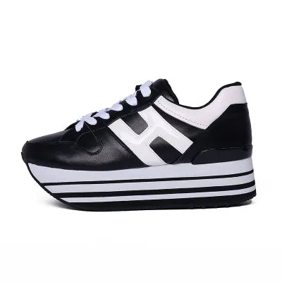 Paillette Sneakers Rainbow Height Increasing Shoes Woman Casual Laces up Platform Sneakers Girls Genuine Leather Ladies Shoes