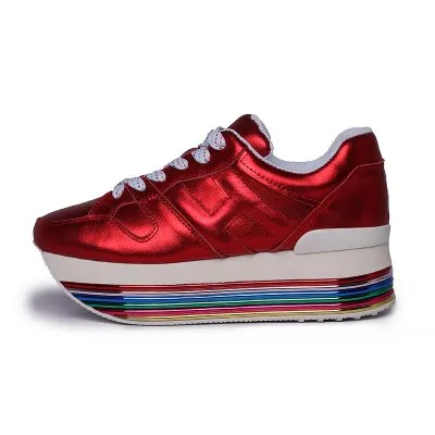 Paillette Sneakers Rainbow Height Increasing Shoes Woman Casual Laces up Platform Sneakers Girls Genuine Leather Ladies Shoes