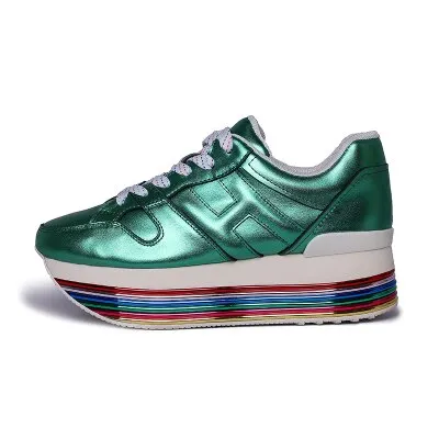 Paillette Sneakers Rainbow Height Increasing Shoes Woman Casual Laces up Platform Sneakers Girls Genuine Leather Ladies Shoes