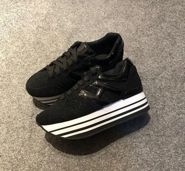 Paillette Sneakers Rainbow Height Increasing Shoes Woman Casual Laces up Platform Sneakers Girls Genuine Leather Ladies Shoes