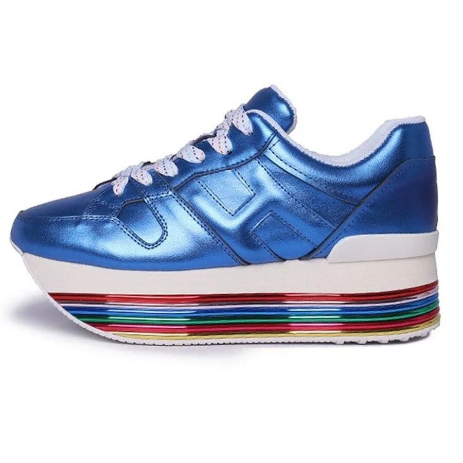 Paillette Sneakers Rainbow Height Increasing Shoes Woman Casual Laces up Platform Sneakers Girls Genuine Leather Ladies Shoes