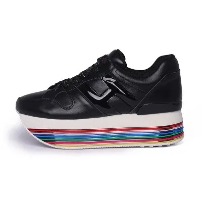 Paillette Sneakers Rainbow Height Increasing Shoes Woman Casual Laces up Platform Sneakers Girls Genuine Leather Ladies Shoes
