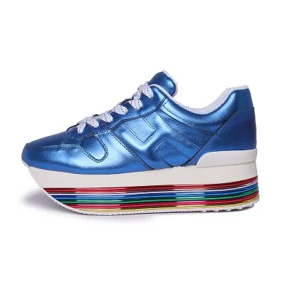 Paillette Sneakers Rainbow Height Increasing Shoes Woman Casual Laces up Platform Sneakers Girls Genuine Leather Ladies Shoes