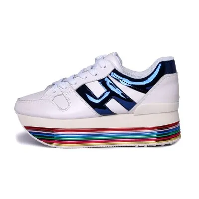 Paillette Sneakers Rainbow Height Increasing Shoes Woman Casual Laces up Platform Sneakers Girls Genuine Leather Ladies Shoes