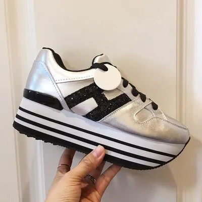 Paillette Sneakers Rainbow Height Increasing Shoes Woman Casual Laces up Platform Sneakers Girls Genuine Leather Ladies Shoes