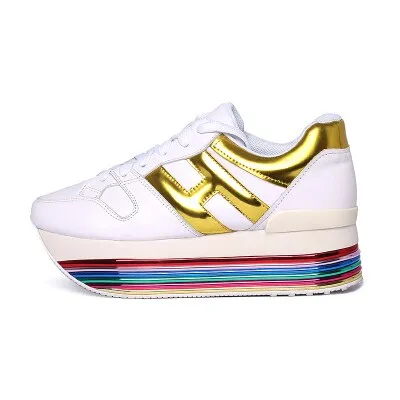 Paillette Sneakers Rainbow Height Increasing Shoes Woman Casual Laces up Platform Sneakers Girls Genuine Leather Ladies Shoes