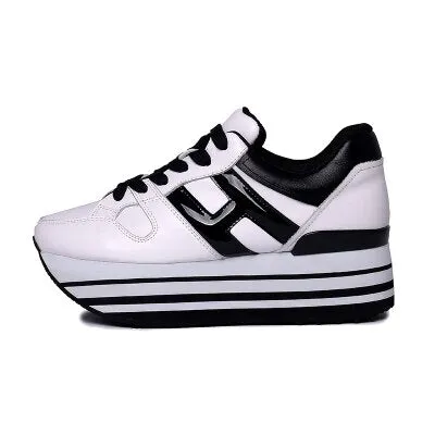 Paillette Sneakers Rainbow Height Increasing Shoes Woman Casual Laces up Platform Sneakers Girls Genuine Leather Ladies Shoes