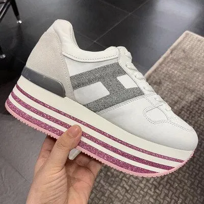 Paillette Sneakers Rainbow Height Increasing Shoes Woman Casual Laces up Platform Sneakers Girls Genuine Leather Ladies Shoes