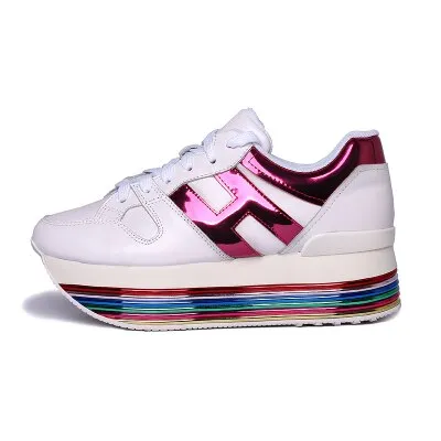 Paillette Sneakers Rainbow Height Increasing Shoes Woman Casual Laces up Platform Sneakers Girls Genuine Leather Ladies Shoes