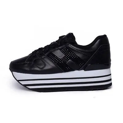 Paillette Sneakers Rainbow Height Increasing Shoes Woman Casual Laces up Platform Sneakers Girls Genuine Leather Ladies Shoes