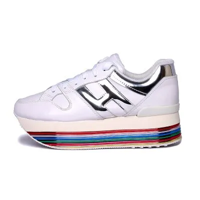 Paillette Sneakers Rainbow Height Increasing Shoes Woman Casual Laces up Platform Sneakers Girls Genuine Leather Ladies Shoes