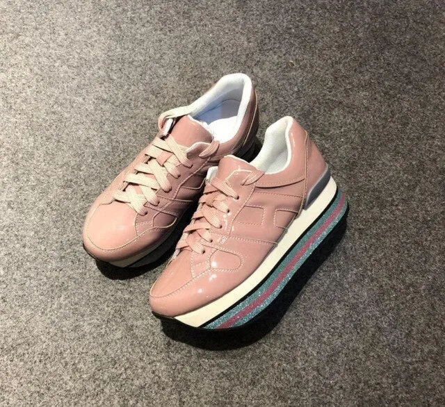 Paillette Sneakers Rainbow Height Increasing Shoes Woman Casual Laces up Platform Sneakers Girls Genuine Leather Ladies Shoes