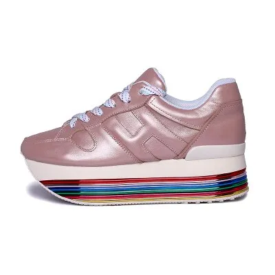 Paillette Sneakers Rainbow Height Increasing Shoes Woman Casual Laces up Platform Sneakers Girls Genuine Leather Ladies Shoes