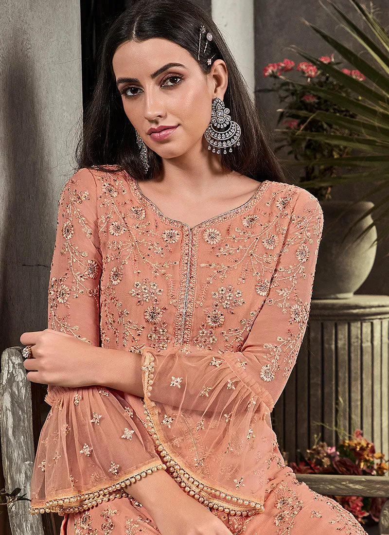 Peach And Beige Floral Embroidered Palazzo Suit