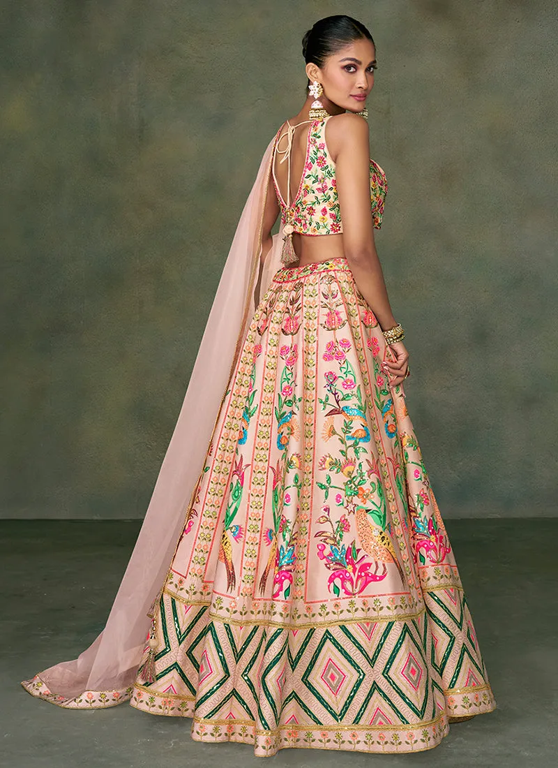 Peach Multi Sequence Embroidery Wedding Lehenga Choli