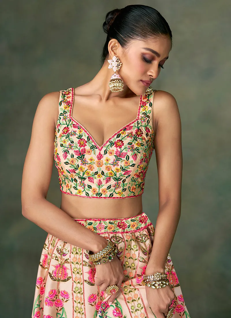 Peach Multi Sequence Embroidery Wedding Lehenga Choli