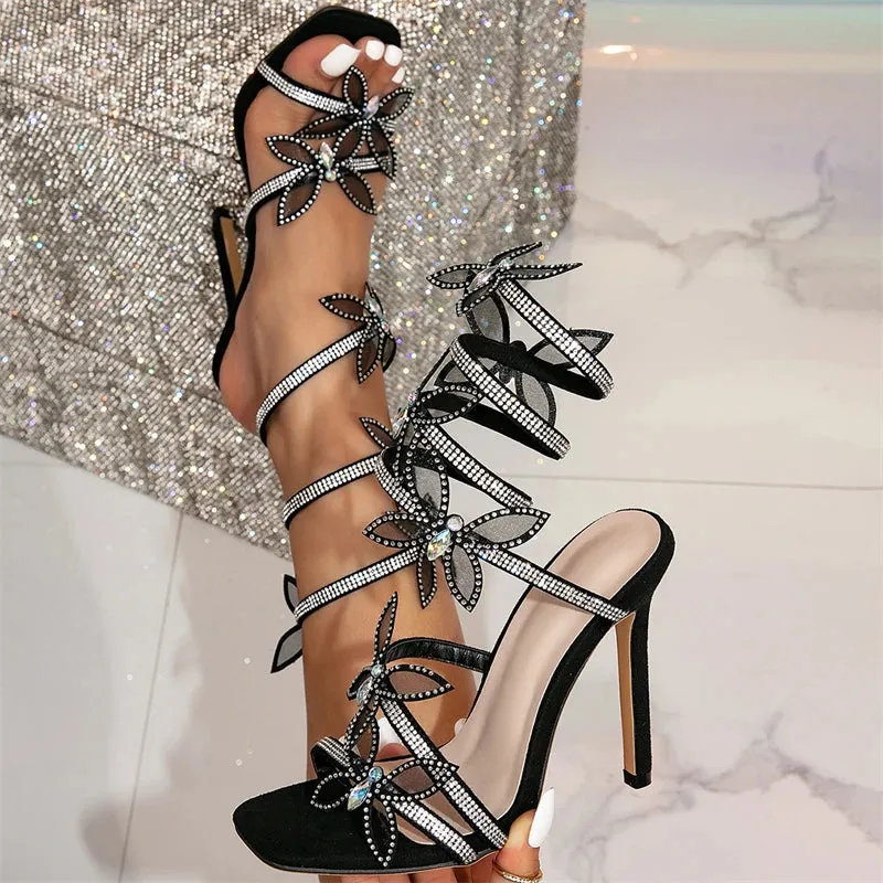 Peep Toe Crystal Butterfly-Knot Ankle Strap High Heels Sandals