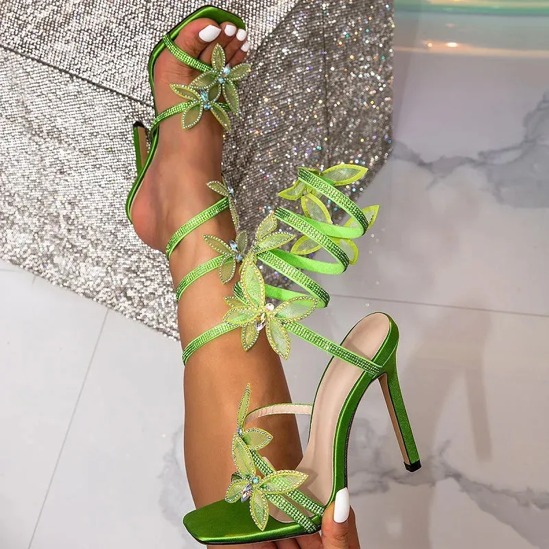 Peep Toe Crystal Butterfly-Knot Ankle Strap High Heels Sandals
