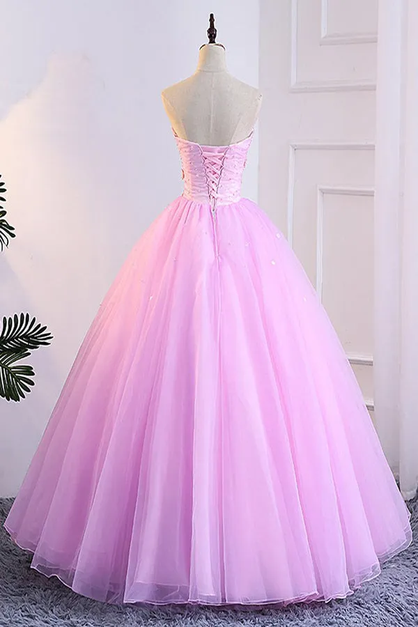 Pink Tulle Sweetheart Neck Long A Line Bead 3D Lace Applique Prom Dress P1