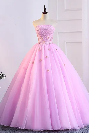 Pink Tulle Sweetheart Neck Long A Line Bead 3D Lace Applique Prom Dress P1