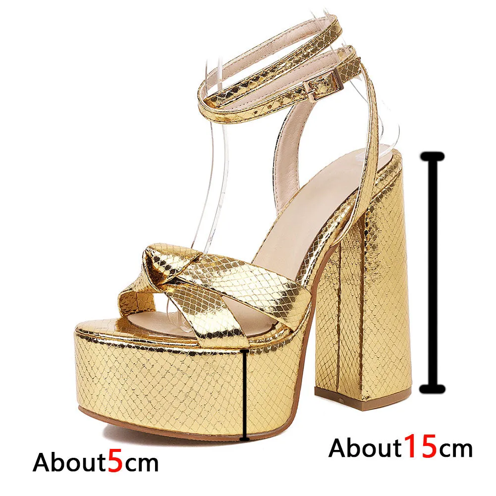 Platform Sandals For Summer Gold Bow Knot High Block Heel Sexy Luxury Shoes Trendy Ankle Strap