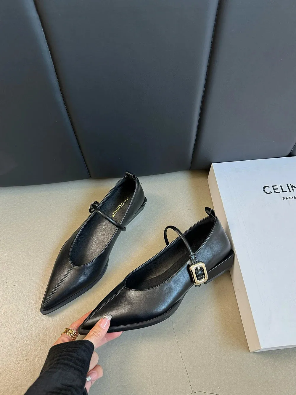 Pointed Toe Women Loafers Black Brown White Casual Mules Shoes Belt Buckle Shallow Slip On Low Flat Heeled Party Pumps Size 40