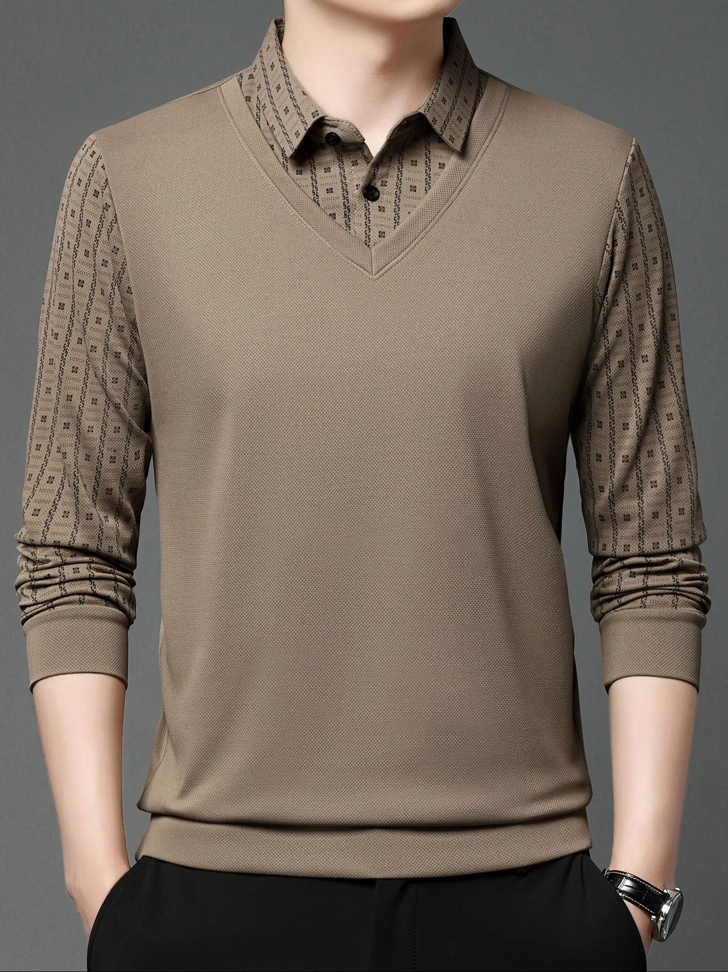 Polonik - Heren Poloshirt met Lange Mouwen, V-Hals Vest Ontwerp en Mouwpatroon