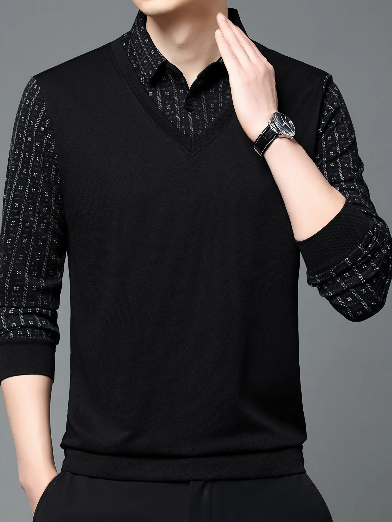 Polonik - Heren Poloshirt met Lange Mouwen, V-Hals Vest Ontwerp en Mouwpatroon