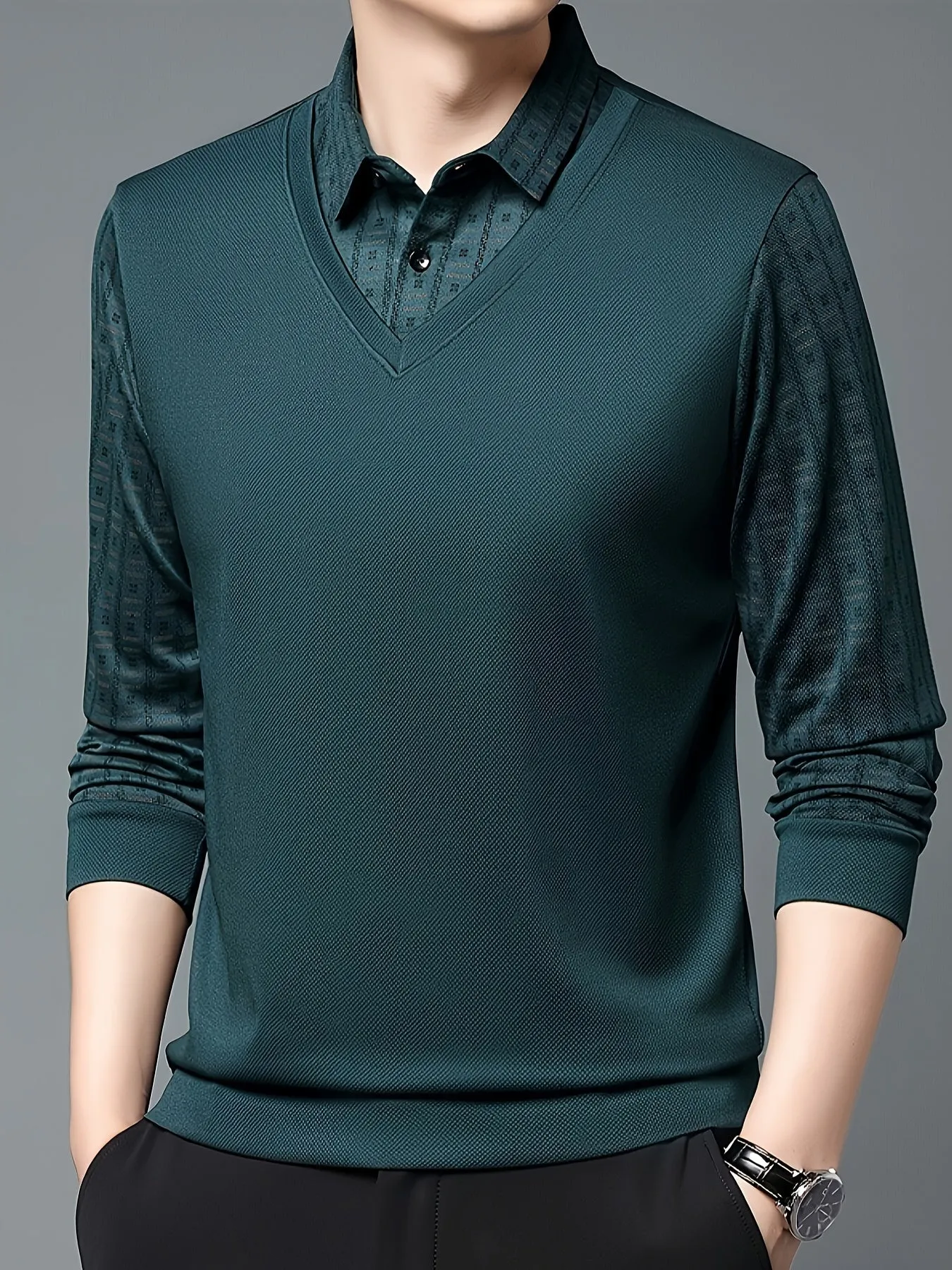 Polonik - Heren Poloshirt met Lange Mouwen, V-Hals Vest Ontwerp en Mouwpatroon
