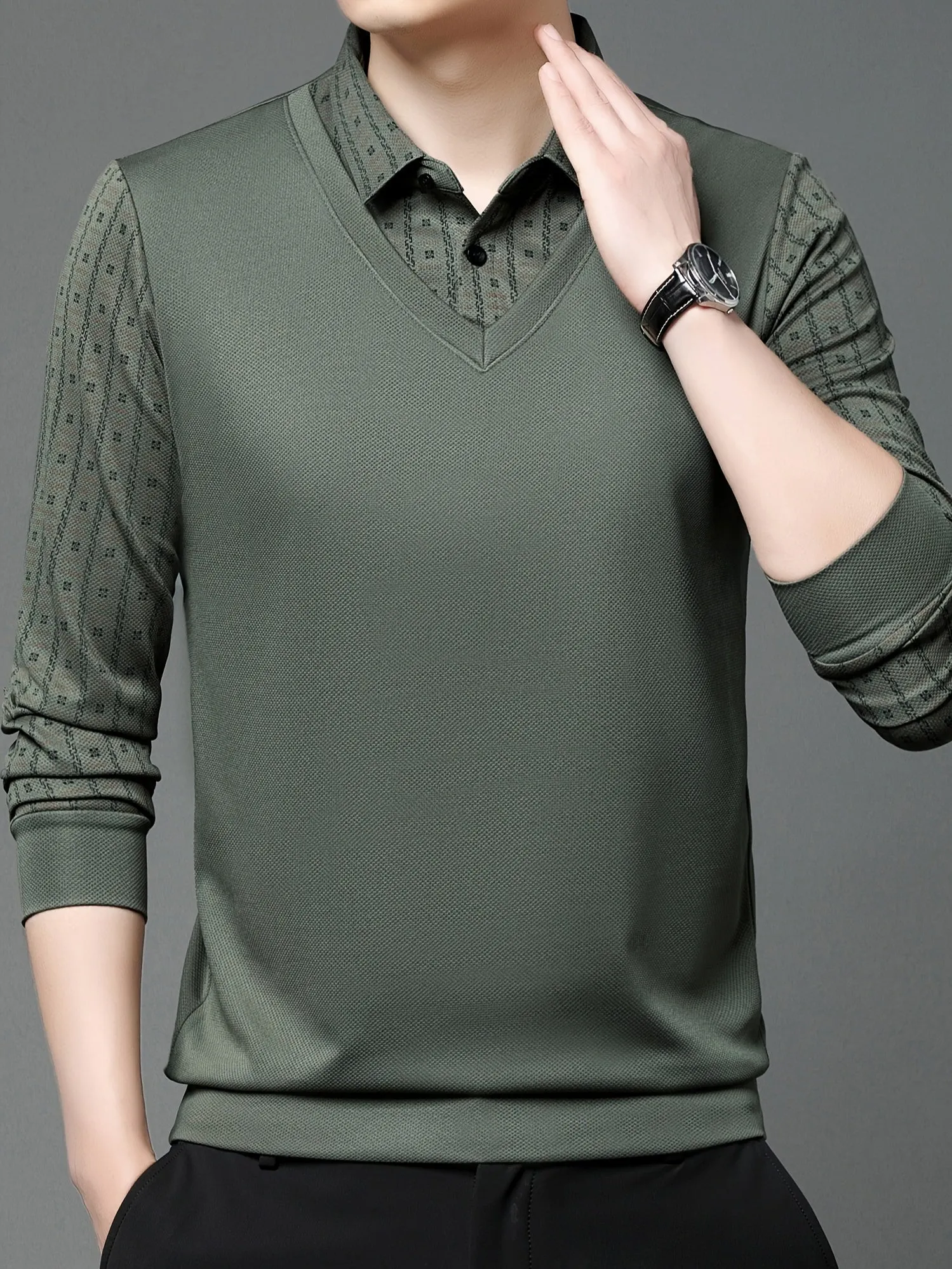 Polonik - Heren Poloshirt met Lange Mouwen, V-Hals Vest Ontwerp en Mouwpatroon