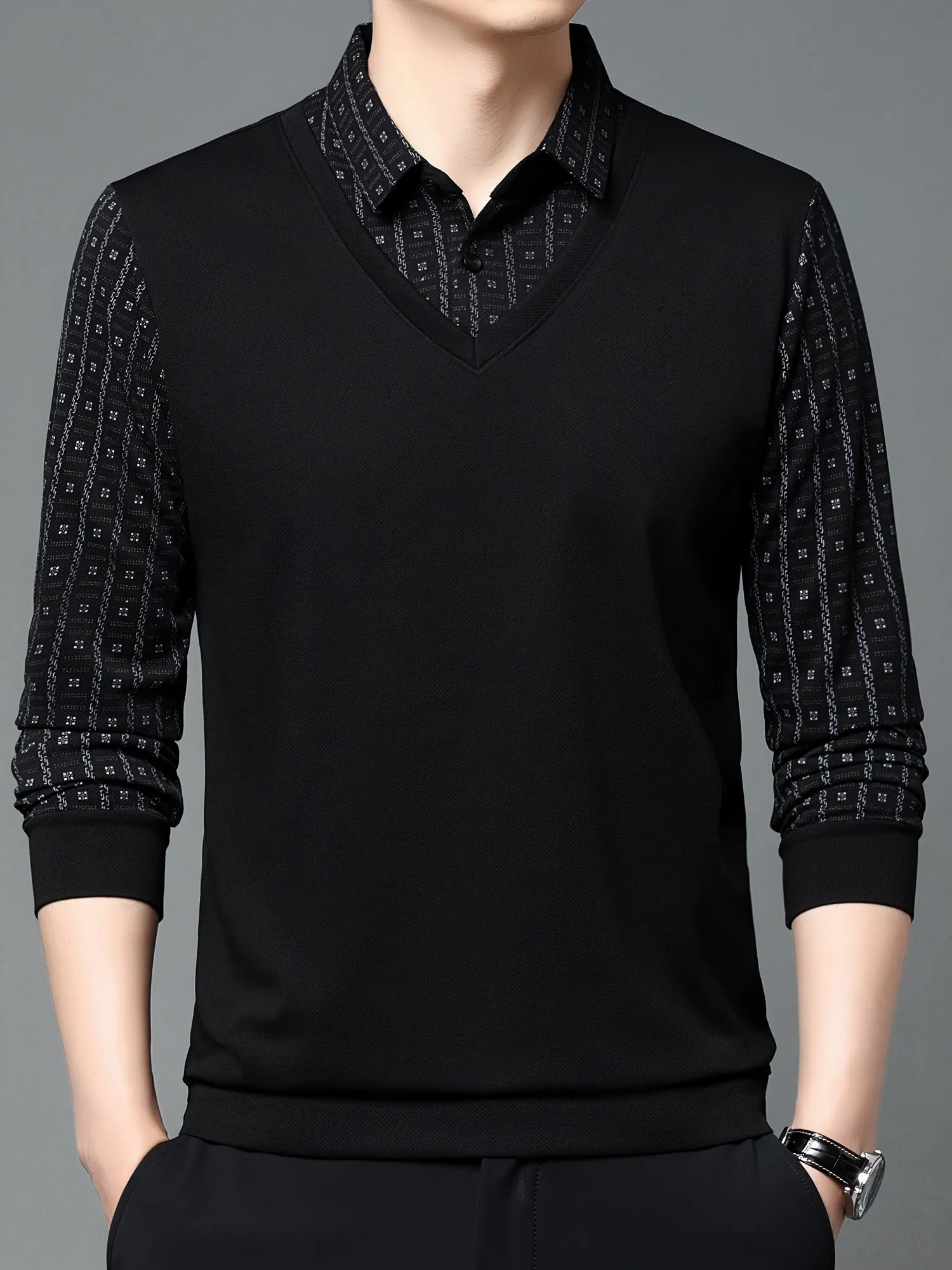 Polonik - Heren Poloshirt met Lange Mouwen, V-Hals Vest Ontwerp en Mouwpatroon