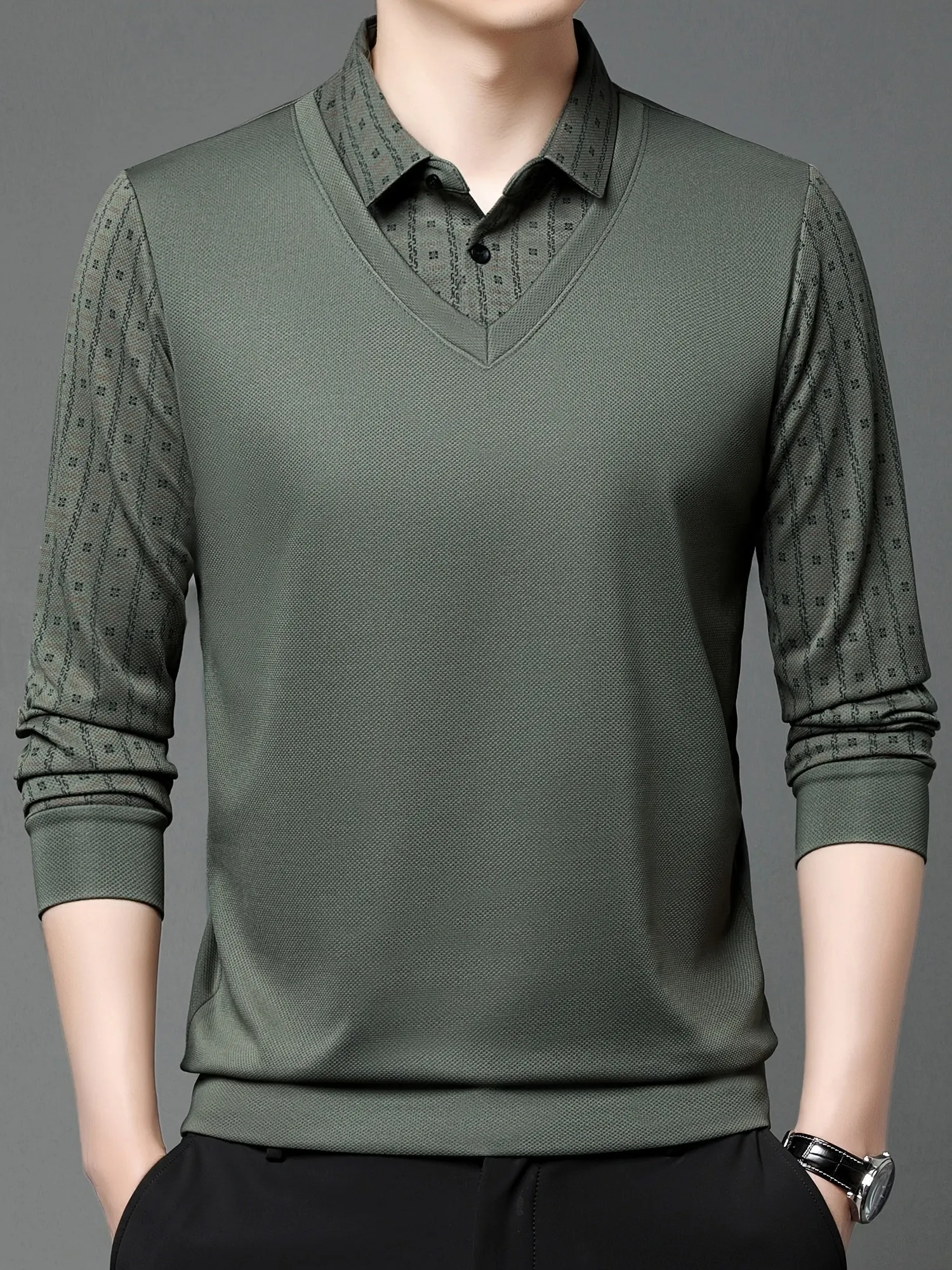 Polonik - Heren Poloshirt met Lange Mouwen, V-Hals Vest Ontwerp en Mouwpatroon