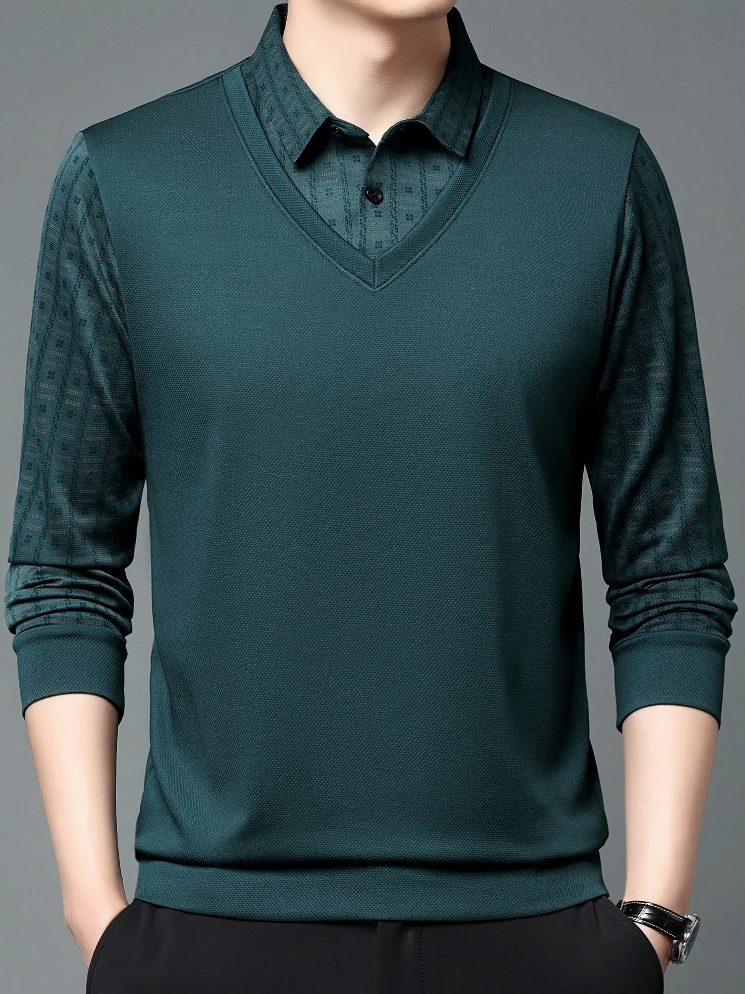 Polonik - Heren Poloshirt met Lange Mouwen, V-Hals Vest Ontwerp en Mouwpatroon
