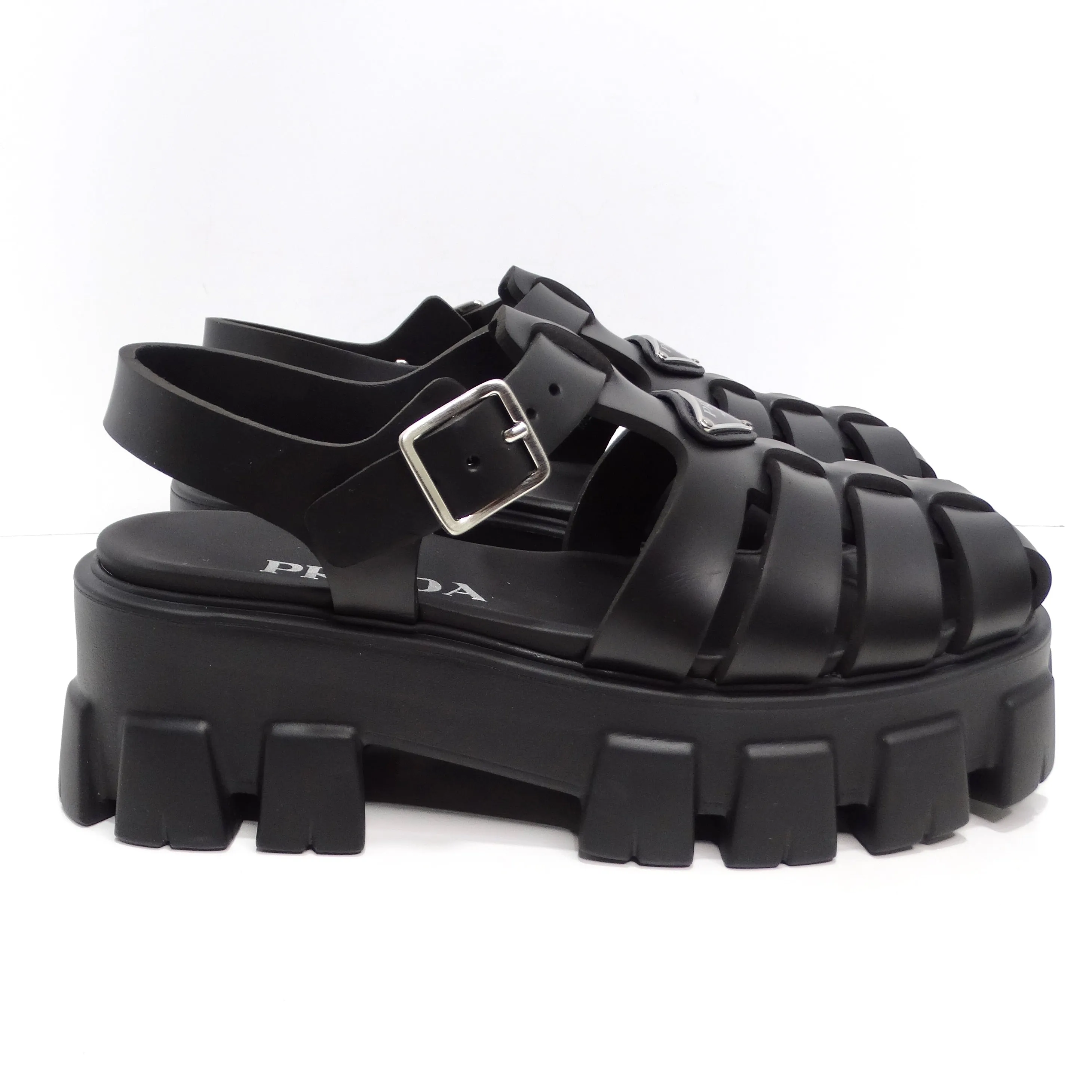 Prada Black Rubber Caged Slingback Platform Sandals